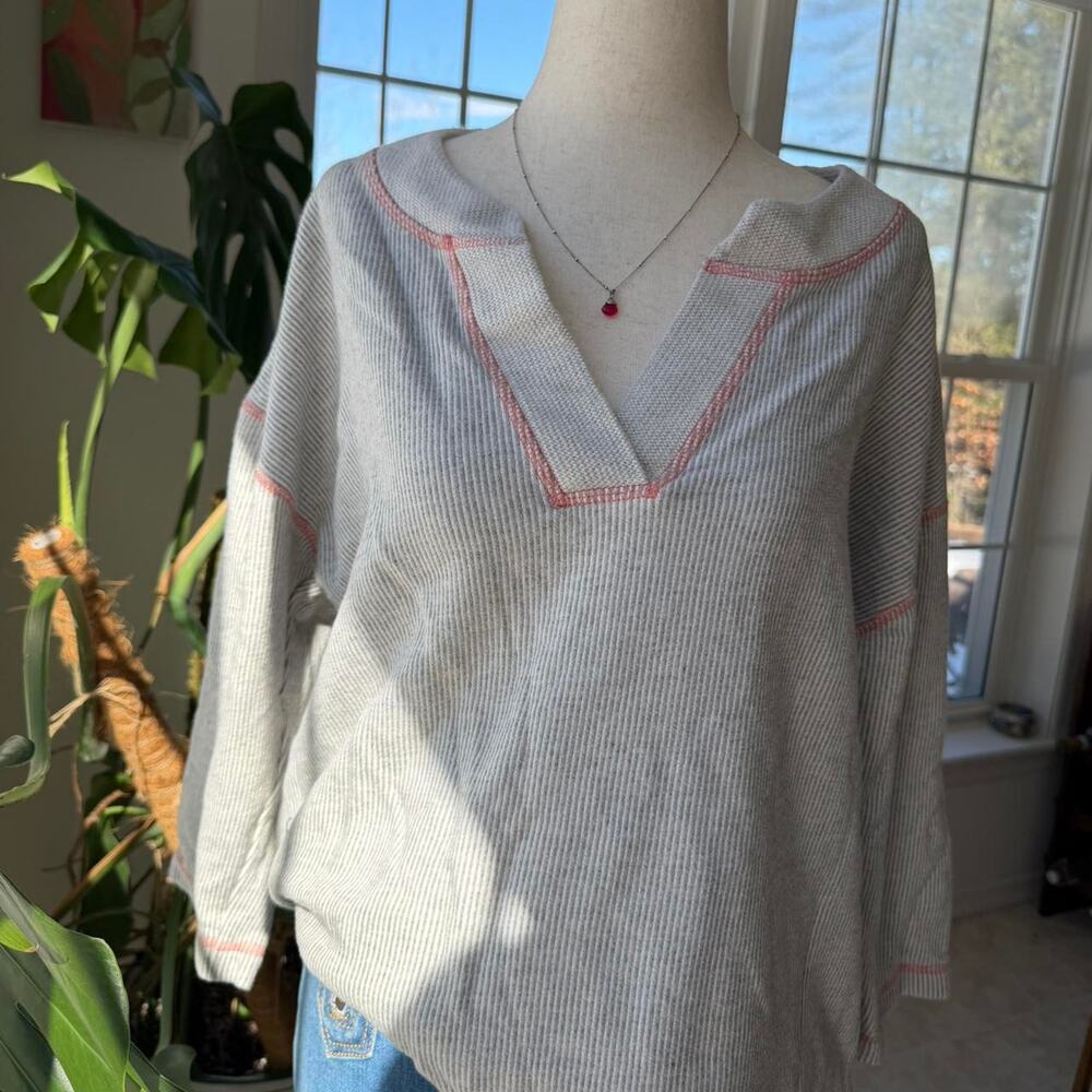 Liz Claiborne Grey and Pink Striped Top XL